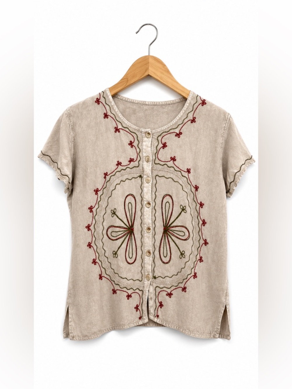 Agan Traders Embroidered Boho Fairycore Soft Fawn Button Down Blouse Size Medium